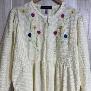 Vintage Stan Herman Yellow Seersucker Floral Embroidered Housecoat – Size 1X